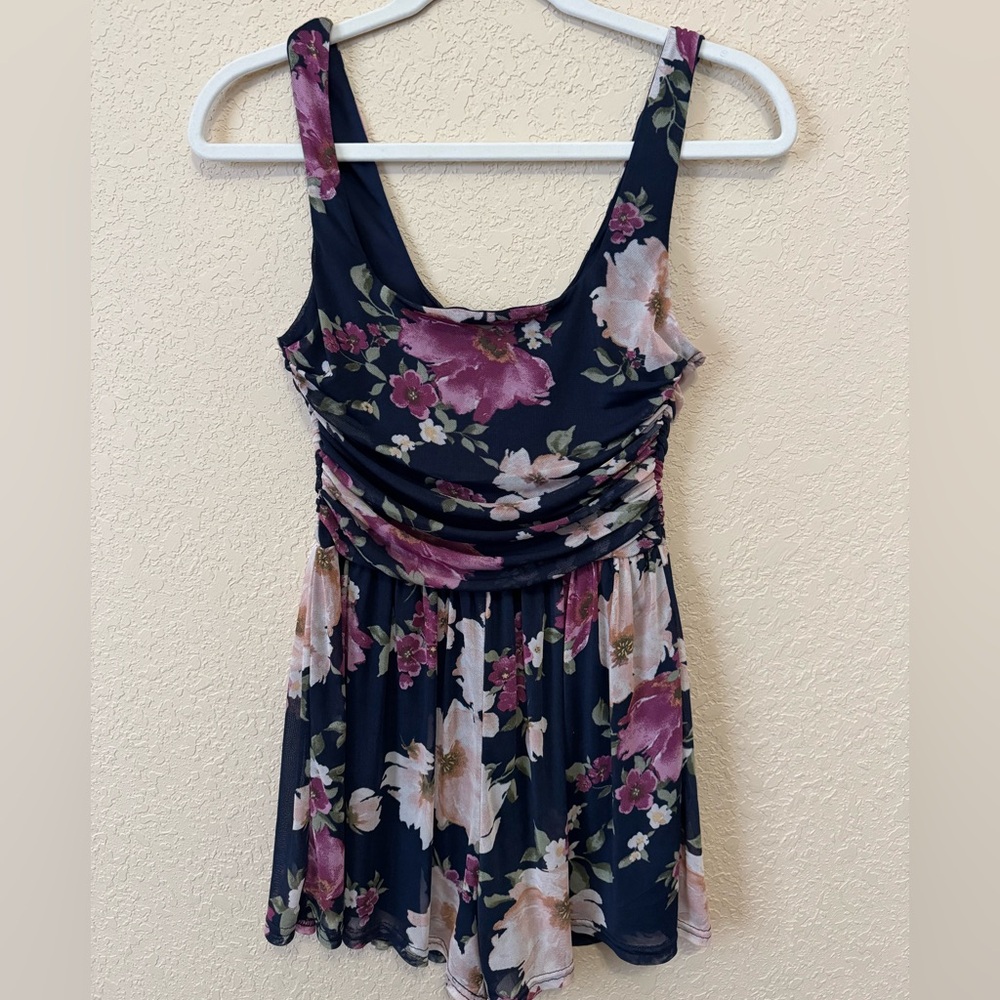 Lulus Truly Flirty Navy Blue Floral Mesh Ruched Romper, Size Small